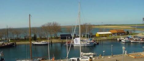 A marina with boats docked, a small building, and a clear sky.