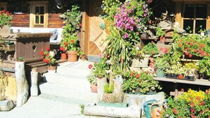 A wooden building with a rustic exterior, a wooden door, and various potted plants and flowers in front.