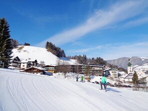 A ski resort with snow-covered slopes, buildings with ski lifts, and a church with a green dome. - Apartment in Wildschonau by Schatzberg Lift (Wildschönau)