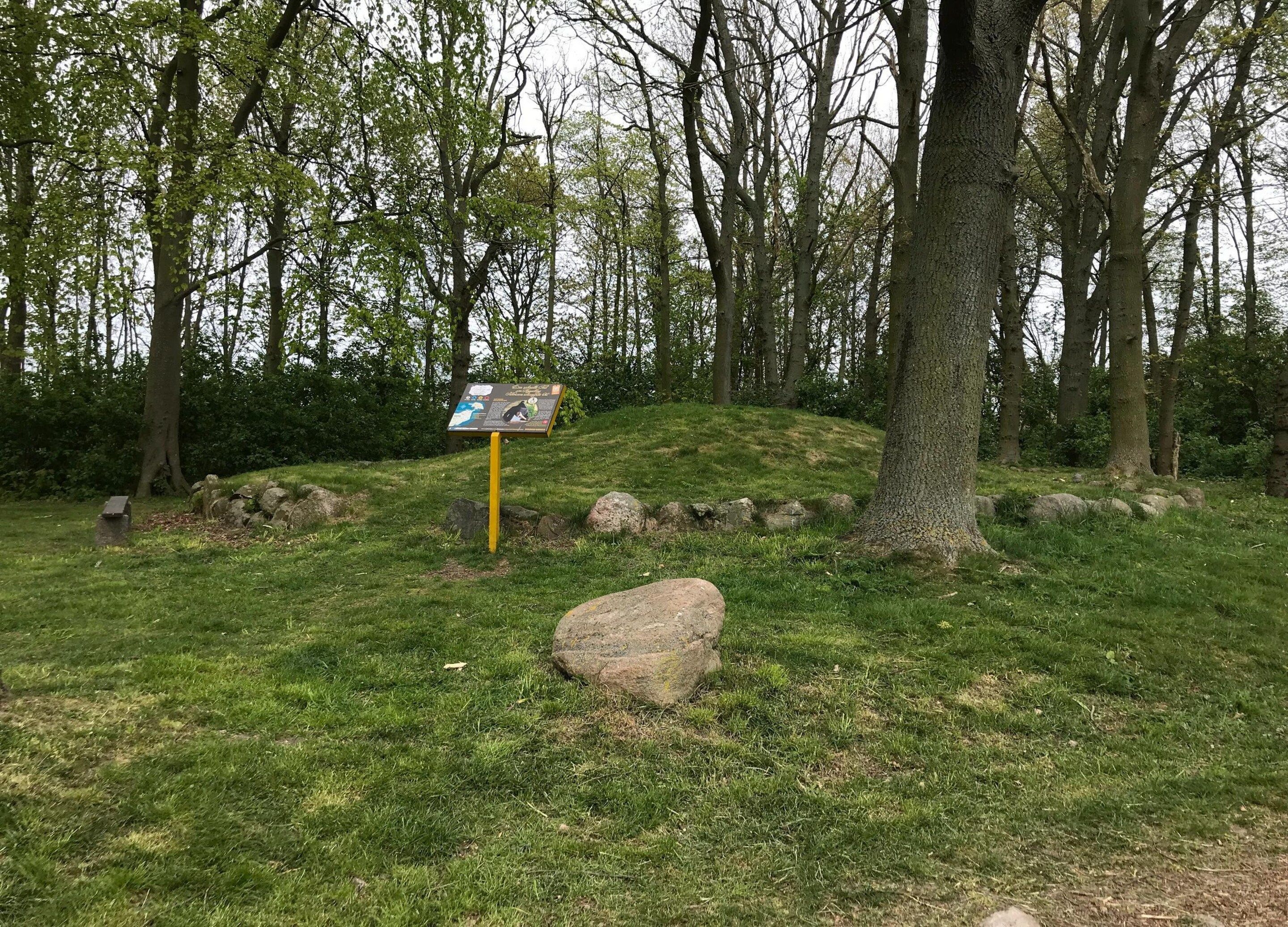 Ein Park mit einem Schild, einer Rasenfläche und Bäumen.
