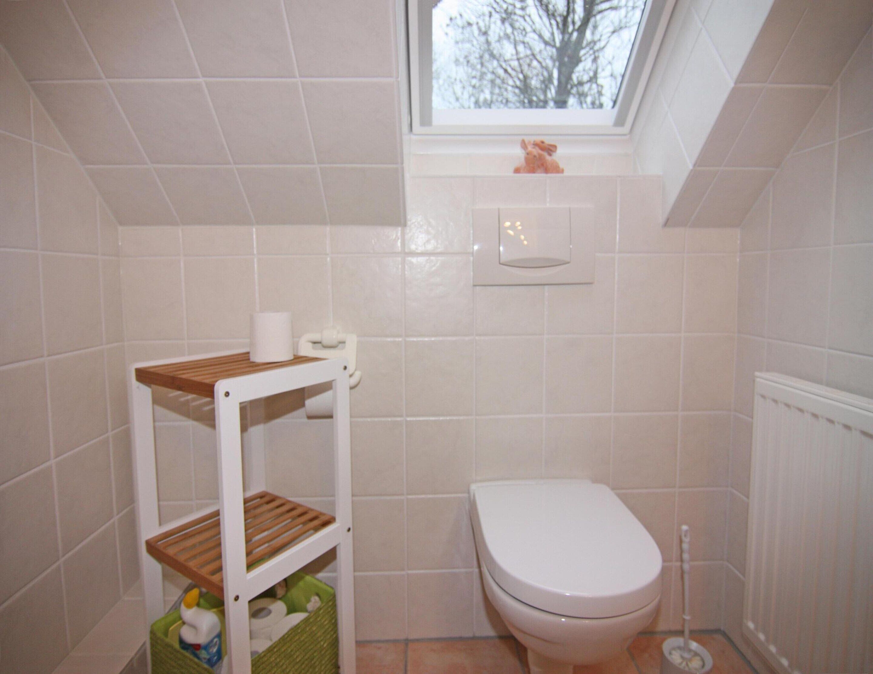 Een kleine badkamer met toilet, een plank met toiletartikelen en een dakraam.