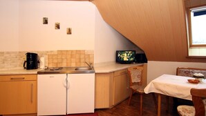 A compact kitchen with a refrigerator, stove, and sink. There's a dining table with chairs and a small television on the counter. - Ferienwohnungen Spreewaldperle, Alt Zauche (Alt Zauche-Wußwerk)