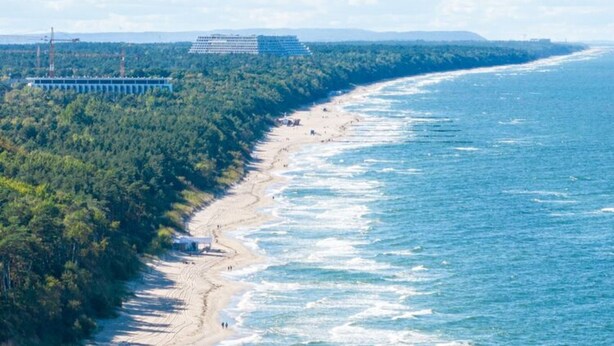 Une vue côtière comprenant une plage, une zone boisée et un grand navire de croisière amarré à un quai.