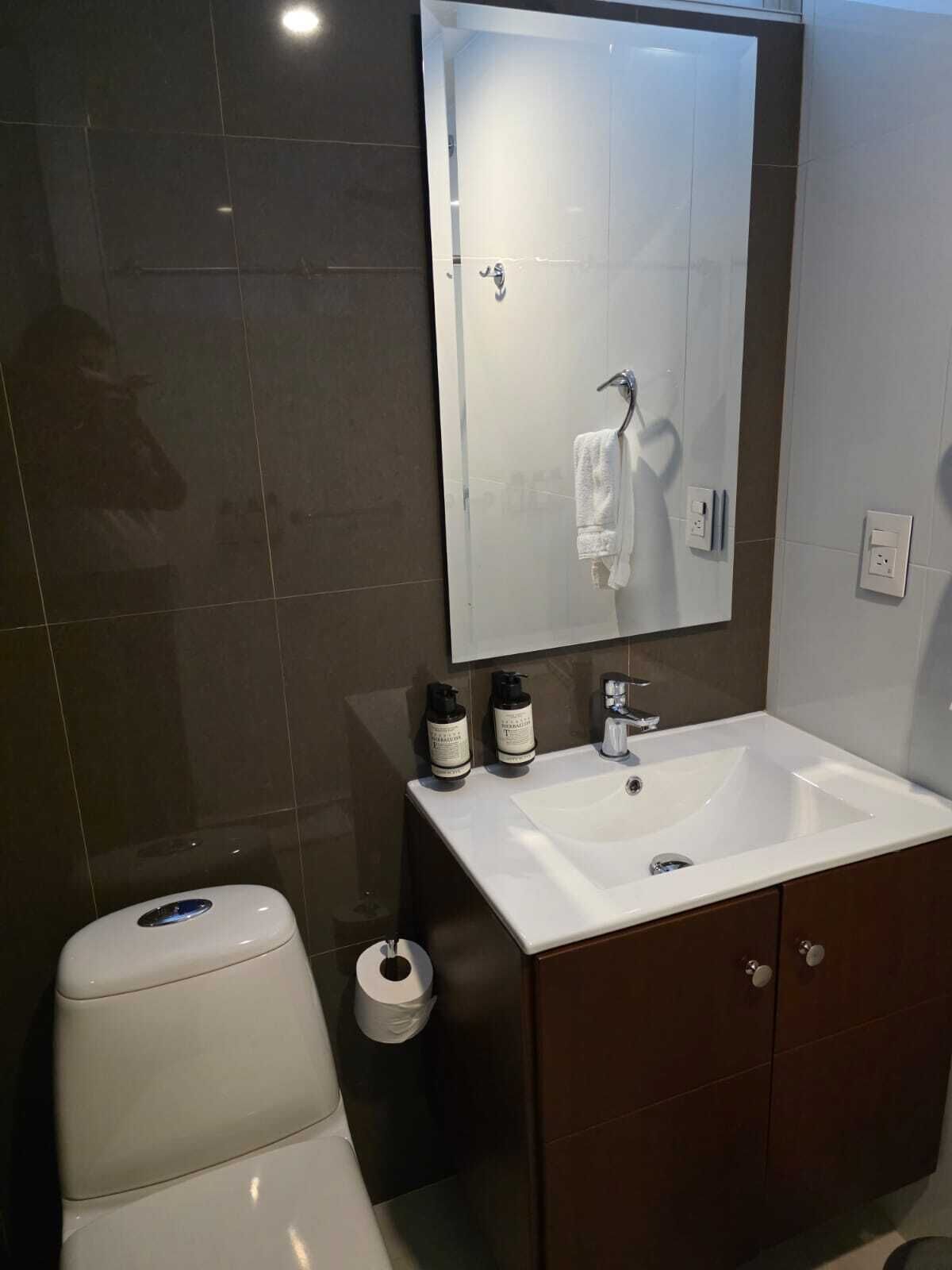 Un baño moderno con un lavabo blanco, armarios marrón oscuro, un espejo y dos botellas de tocador en la encimera.