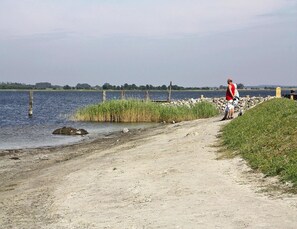 Stroll along the serene riverside path to a secluded grassy area.