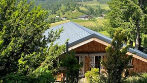 A building with a sloped roof, surrounded by trees and a mountainous landscape.