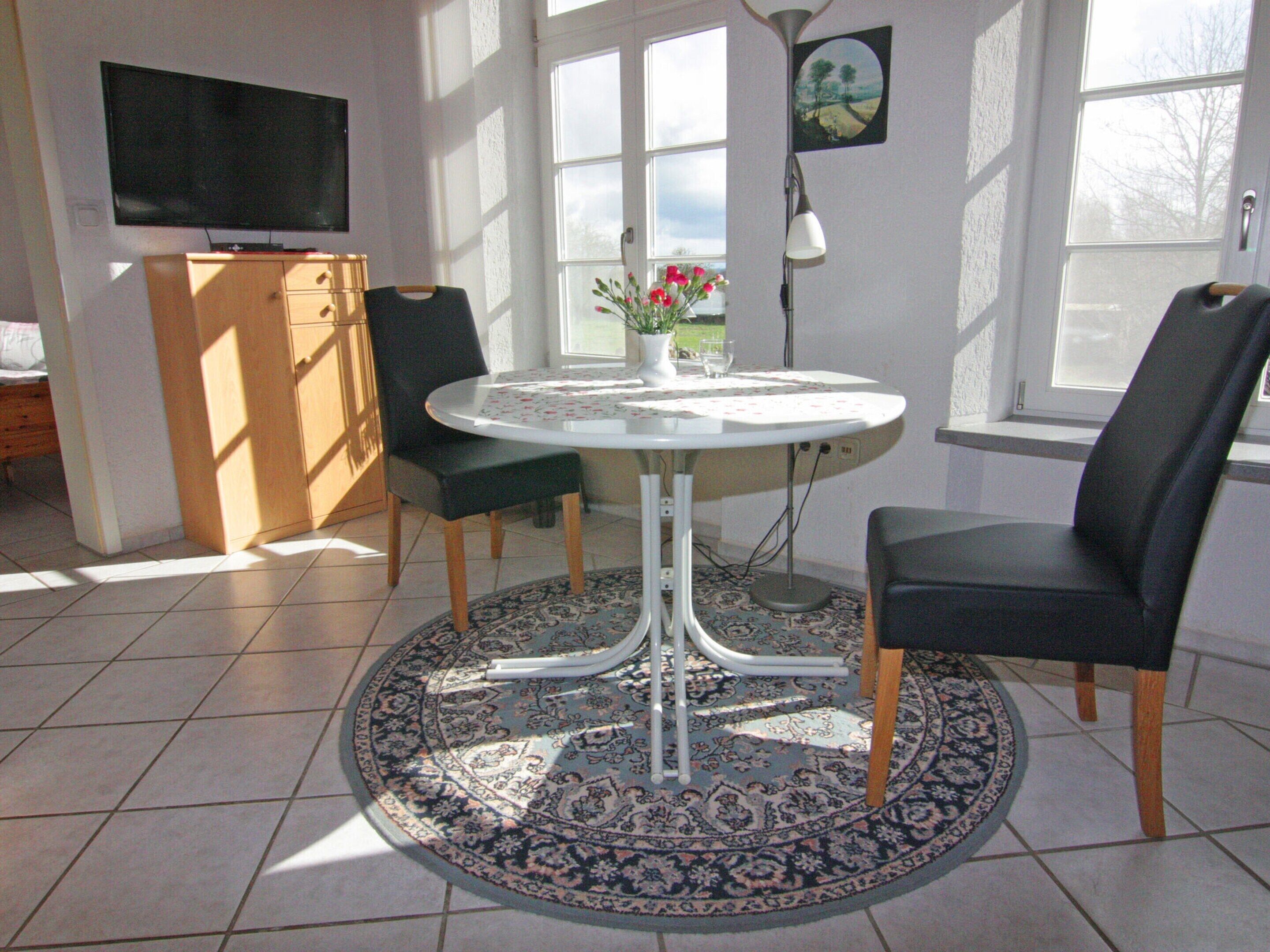 Un coin repas avec une table ronde, deux chaises, une petite plante en pot et un téléviseur fixé au mur.