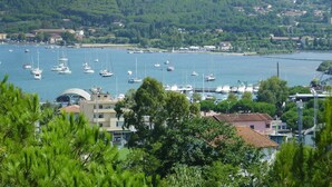 A coastal town with a marina filled with boats, surrounded by lush green hills and residential buildings. - Apartment in Capoliveri Near Sandy Beaches (Capoliveri)
