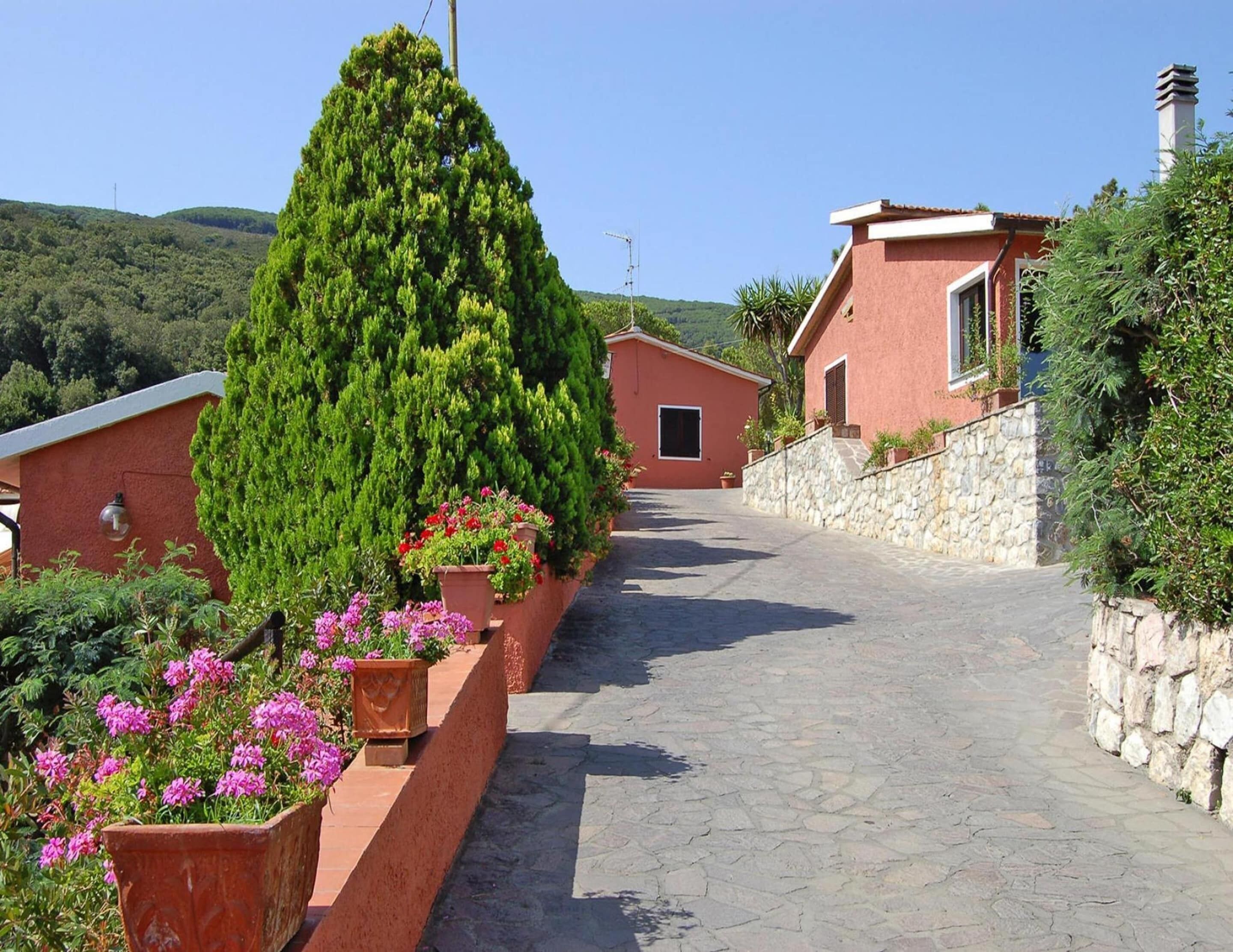 A narrow stone-paved path leading to a row of red-roofed buildings, surrounded by lush greenery and flowering plants.