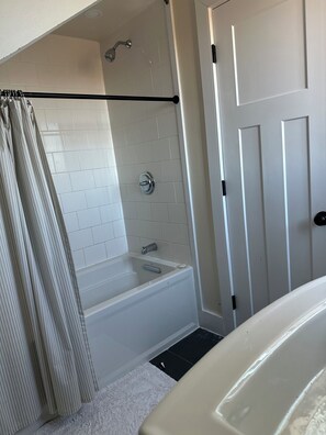 Hair dryer, towels, soap, shampoo
