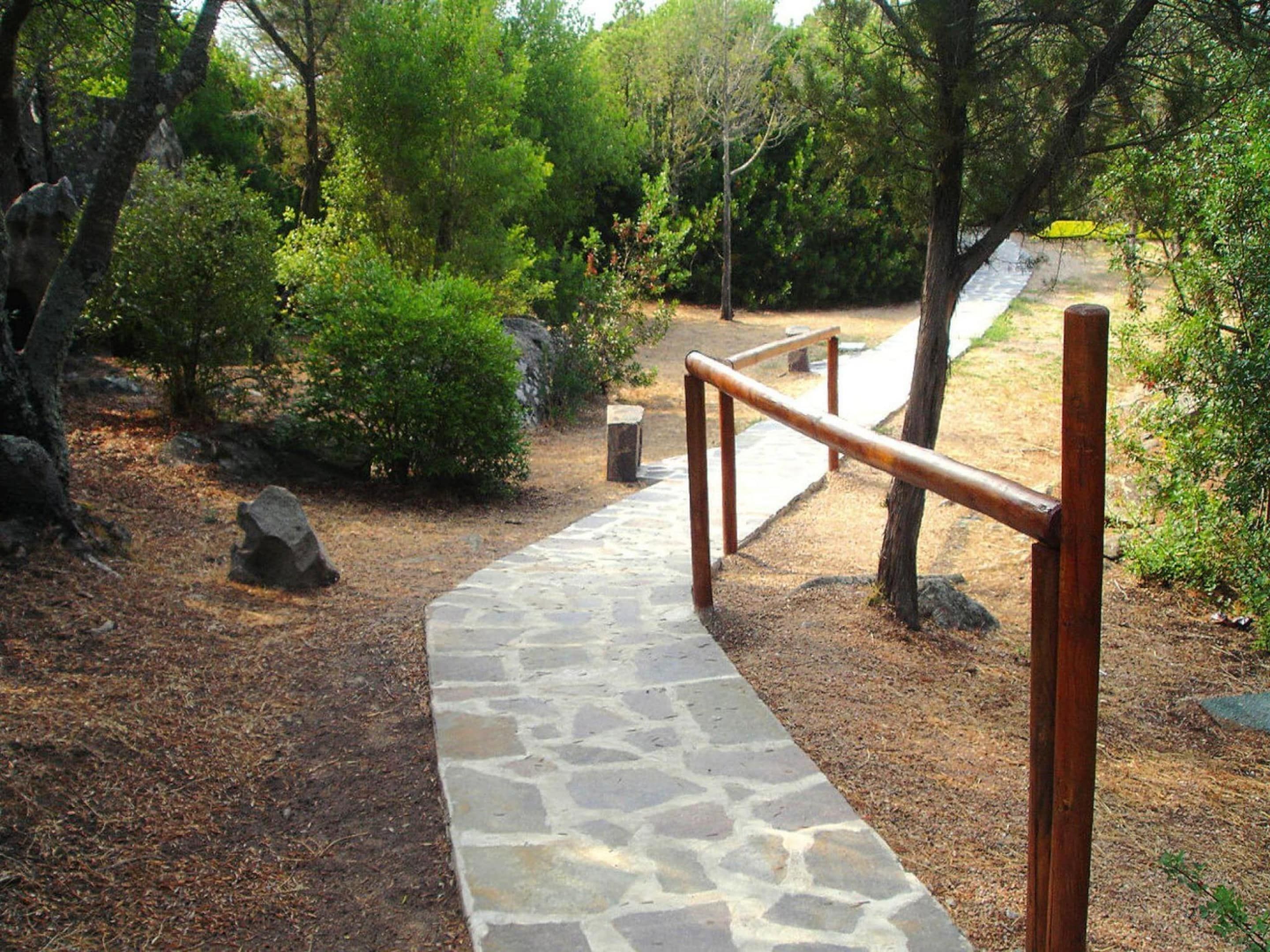 Un sendero de piedra con barandillas de metal que atraviesa un área boscosa.