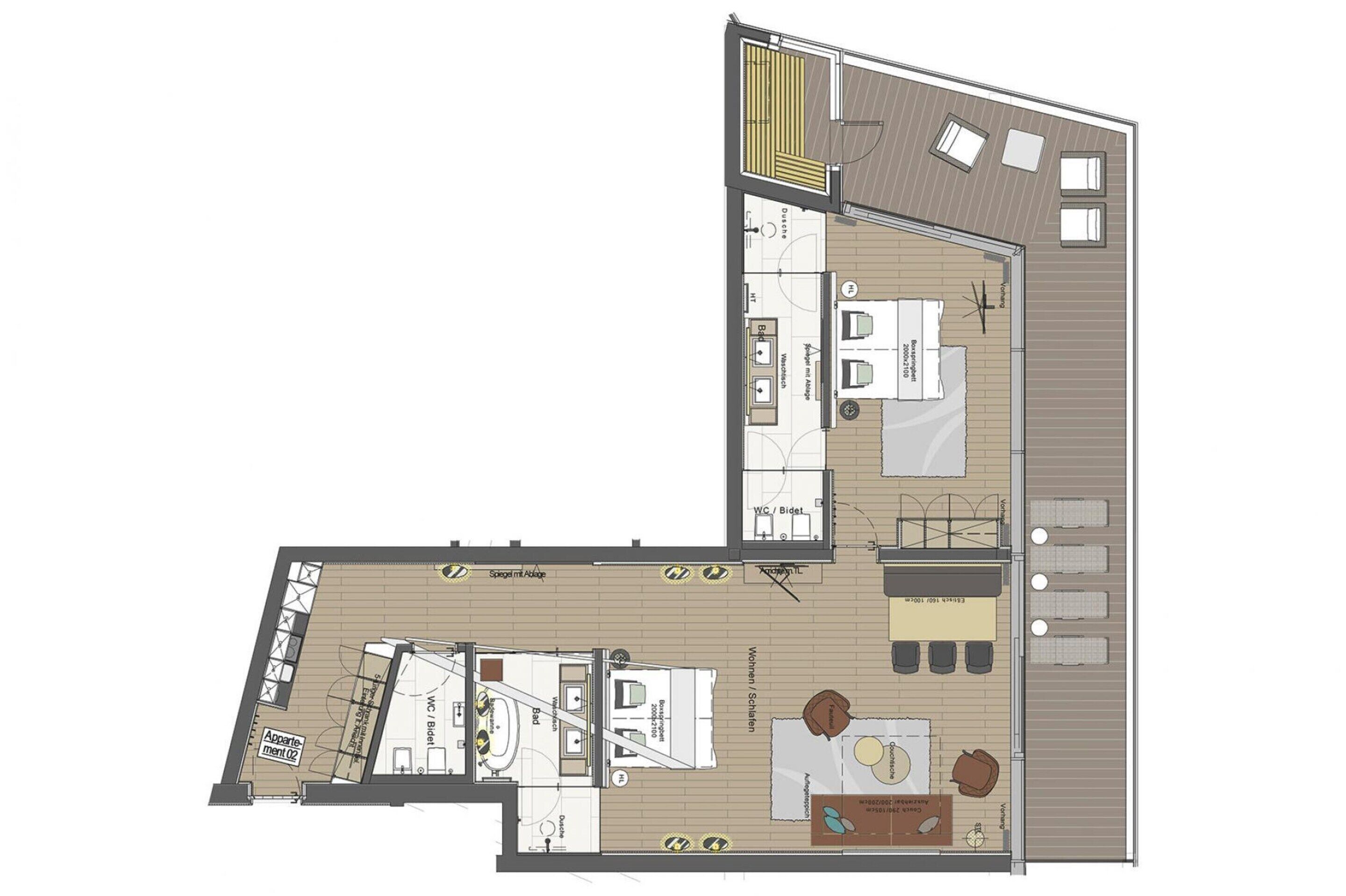 Plano de planta de una habitación de hotel con kitchenette, zona de comedor, baño y un pequeño espacio exterior con asientos.