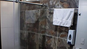 A bathroom with a glass shower enclosure, a toilet, and a sink.