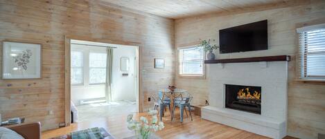 Smart TV, fireplace, books