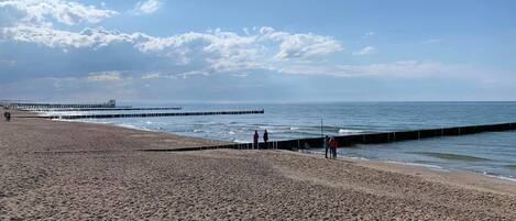A sandy beach with a pier extending into the water.