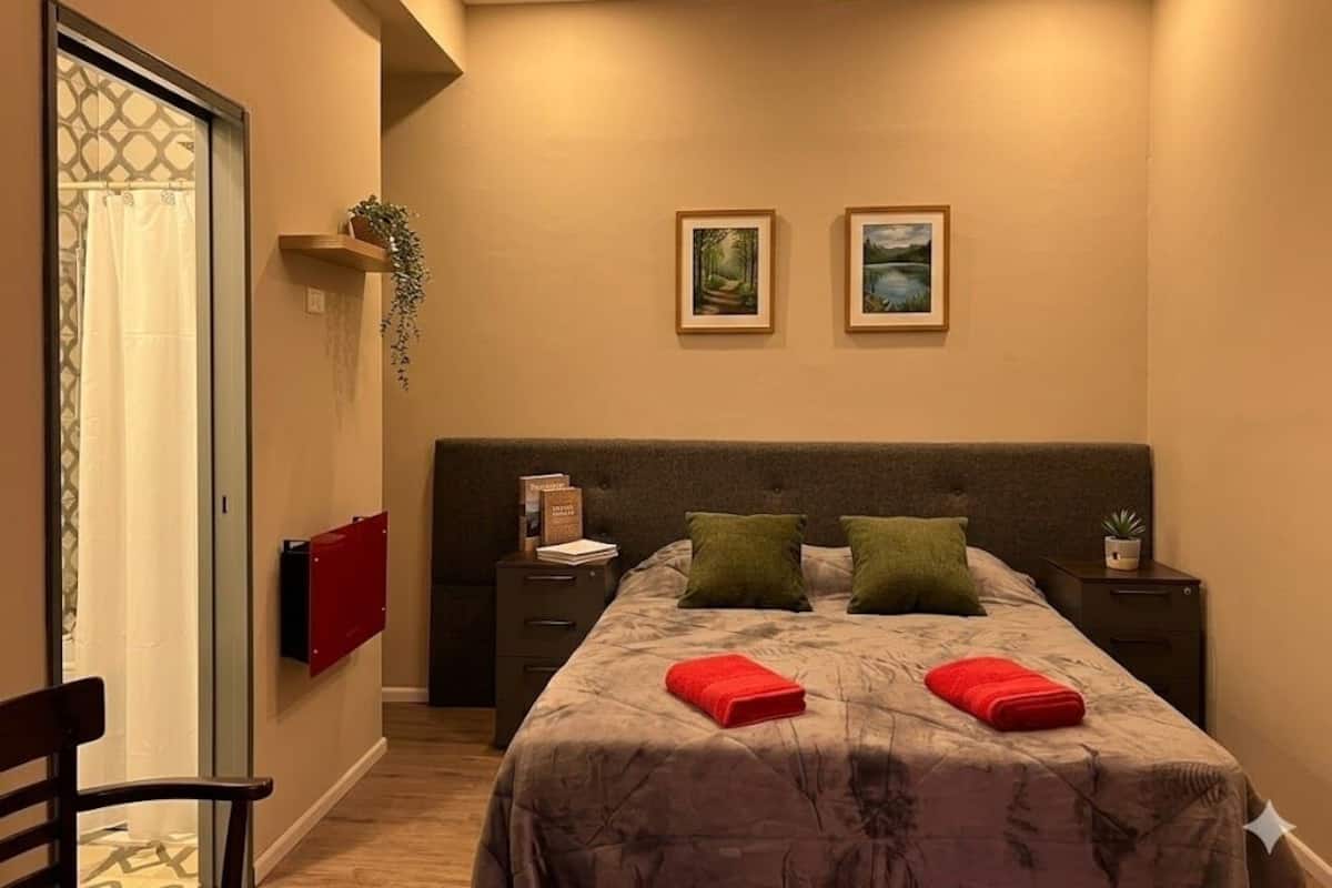 A bedroom with a bed, two pillows, a nightstand, a lamp, a wall-mounted shelf with a plant, and two framed pictures.