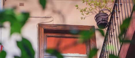 A balcony with a wooden door, a metal railing, and potted plants.