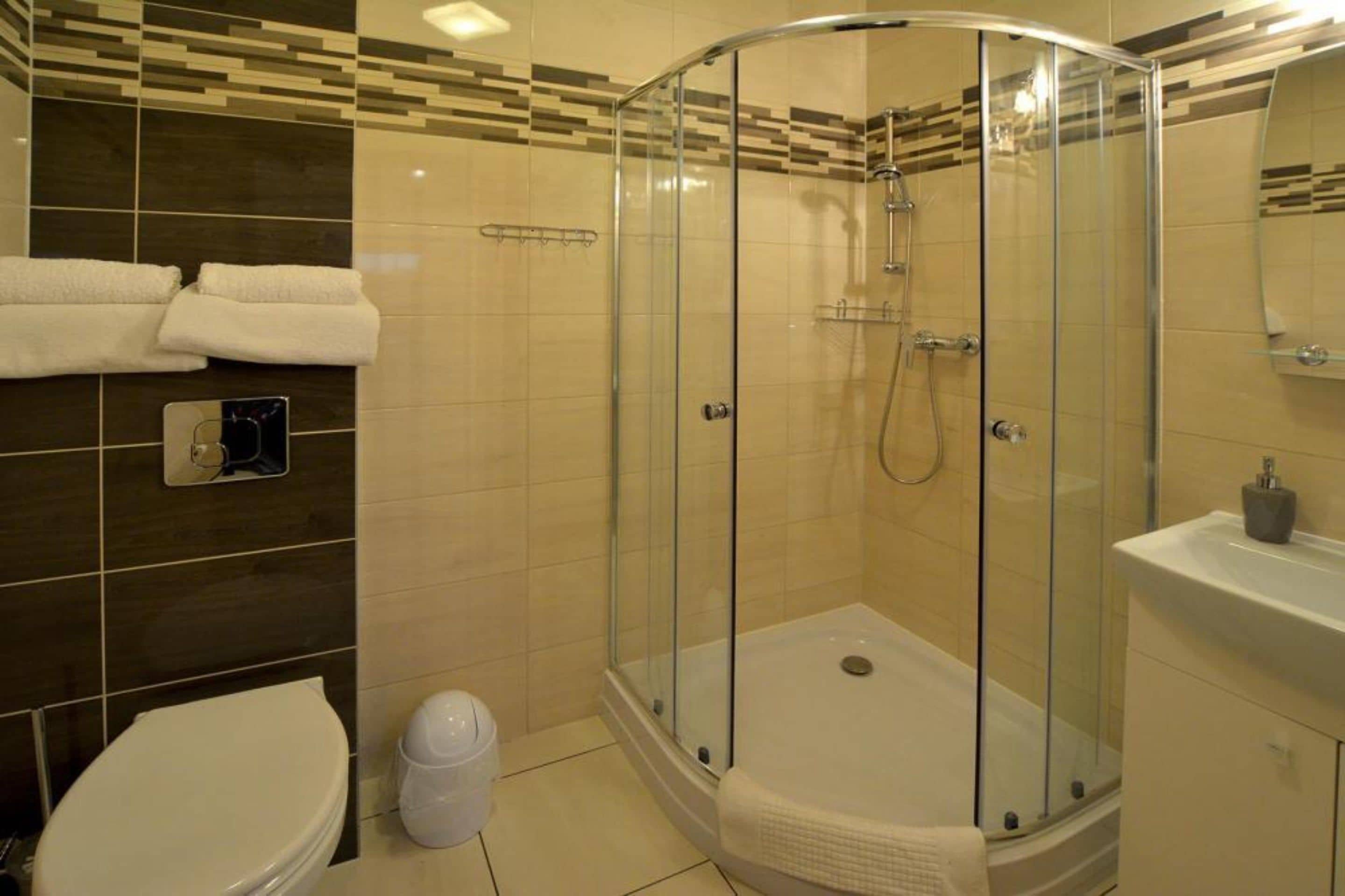 A modern bathroom with a glass-enclosed shower, a toilet, and a sink.