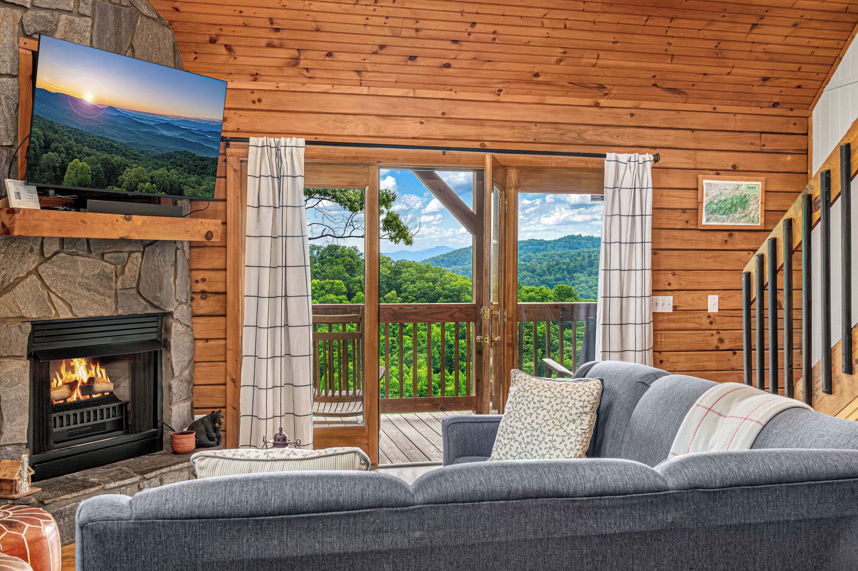Smart TV, fireplace, video games, DVD player