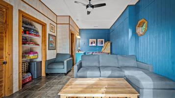 Smart TV, fireplace, video games, DVD player
