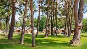 Ein bewaldetes Gebiet mit mehreren Holzhütten und einem Spielplatz.