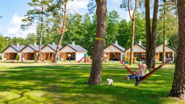 Eine Reihe von Ferienhäusern mit einer Rasenfläche und Bäumen im Hintergrund.