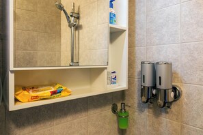 Regadera, secadora de cabello, toallas, jabón 