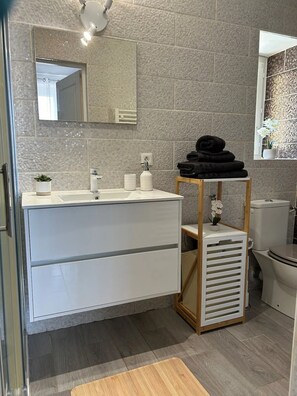 Douche, serviettes fournies, papier toilette