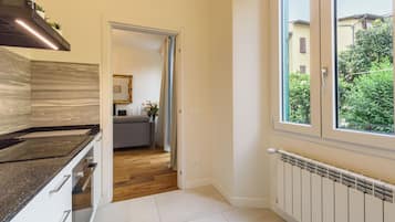 Apartamento Confort, balcón | Cocina privada | Frigorífico, placa de cocina y utensilios de cocina