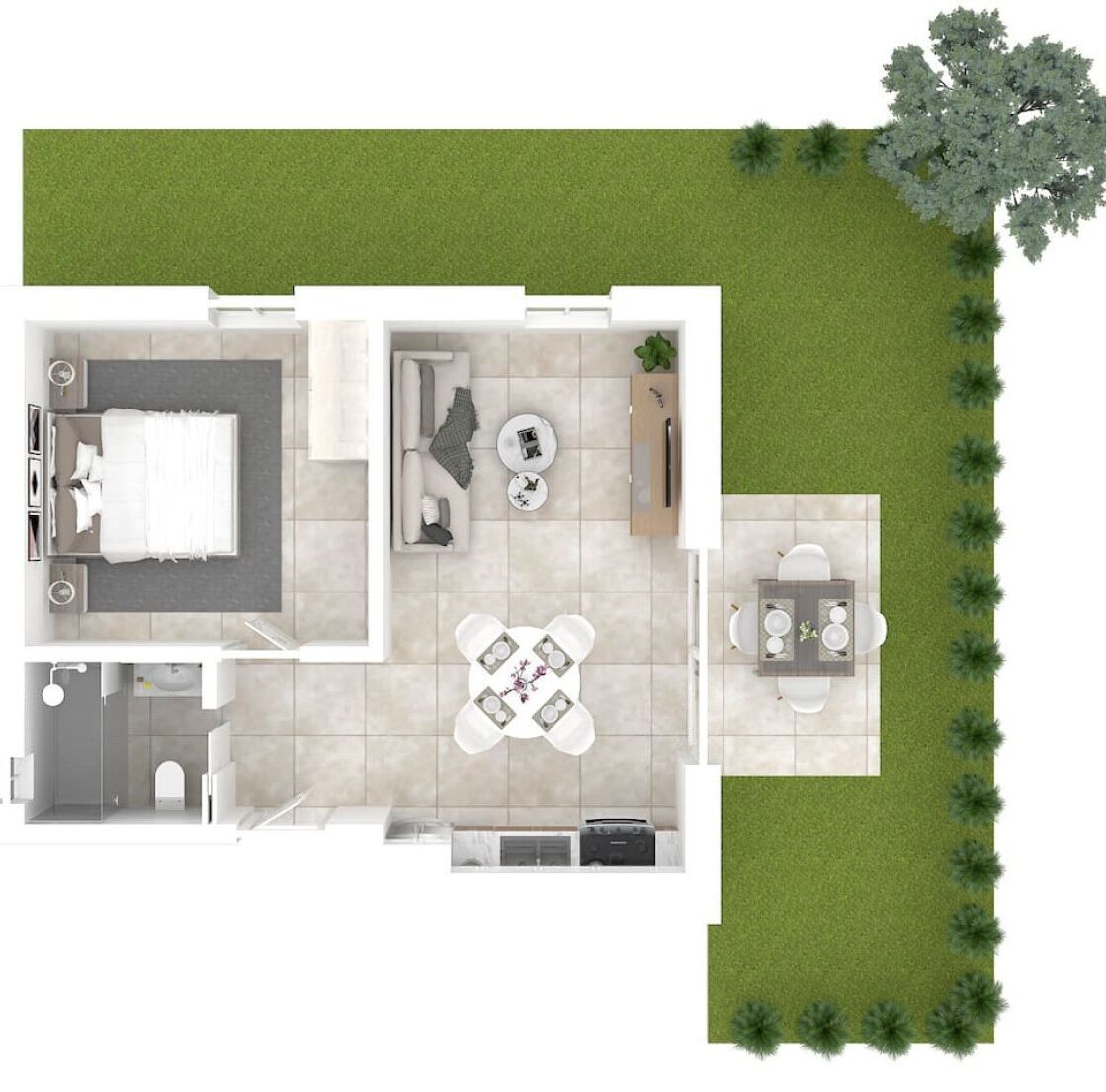 Grundriss einer 2-Zimmer-Wohnung mit Wohnzimmer, Essbereich, Küche und einem kleinen Balkon.