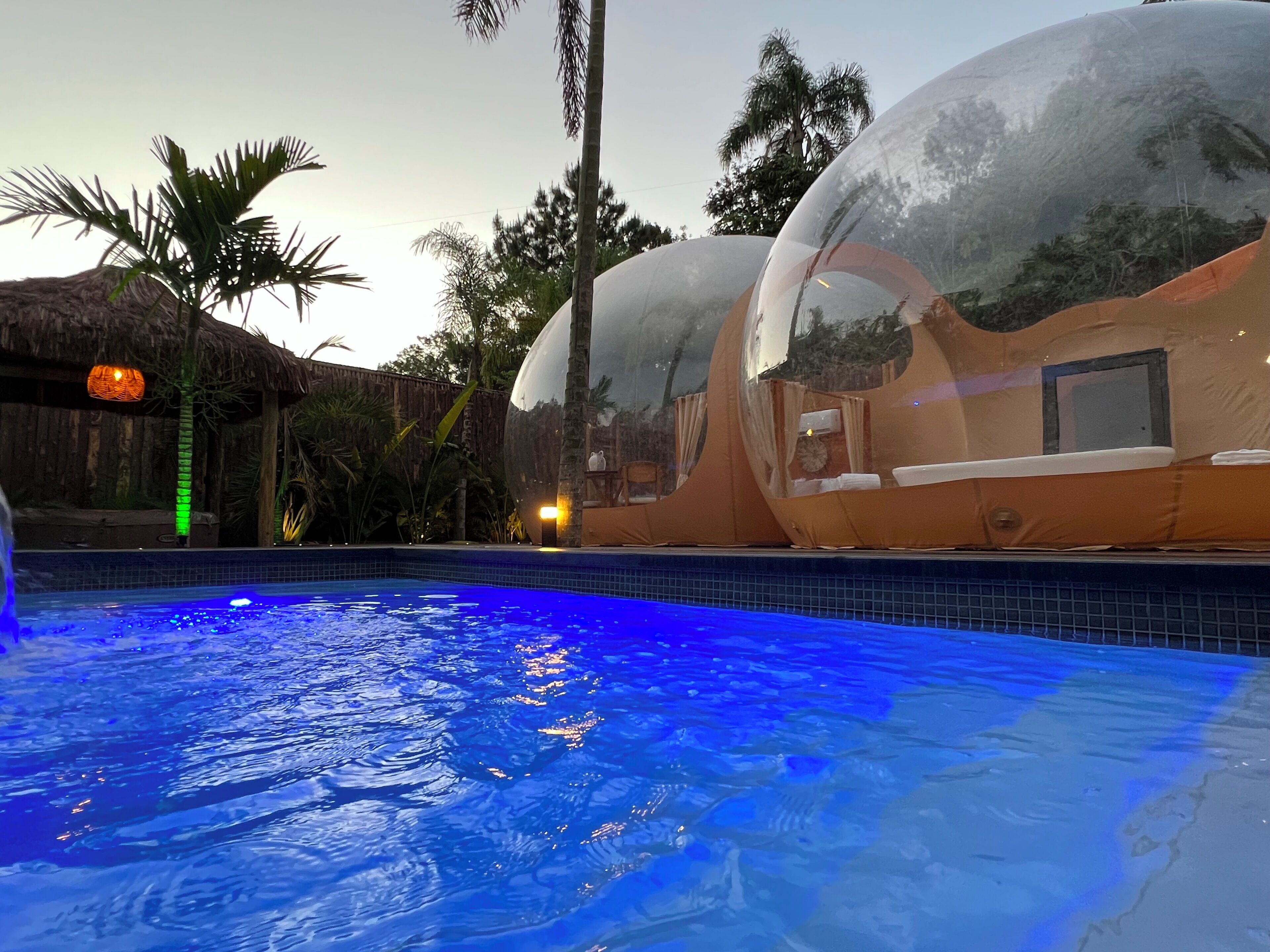 Una piscina con acqua cristallina, circondata da palme e da una struttura con tetto di paglia.
