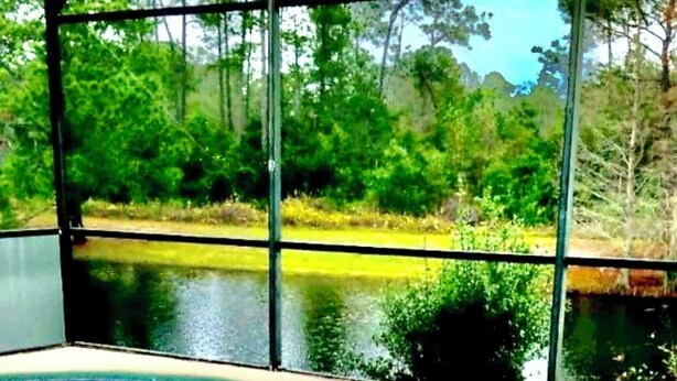 A swimming pool with a view of a lake and trees. - Ref 319. Modern lake view pool home. Very close to Disney (Kissimmee)