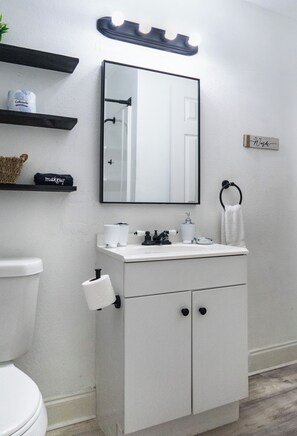 Hair dryer, towels, soap, shampoo