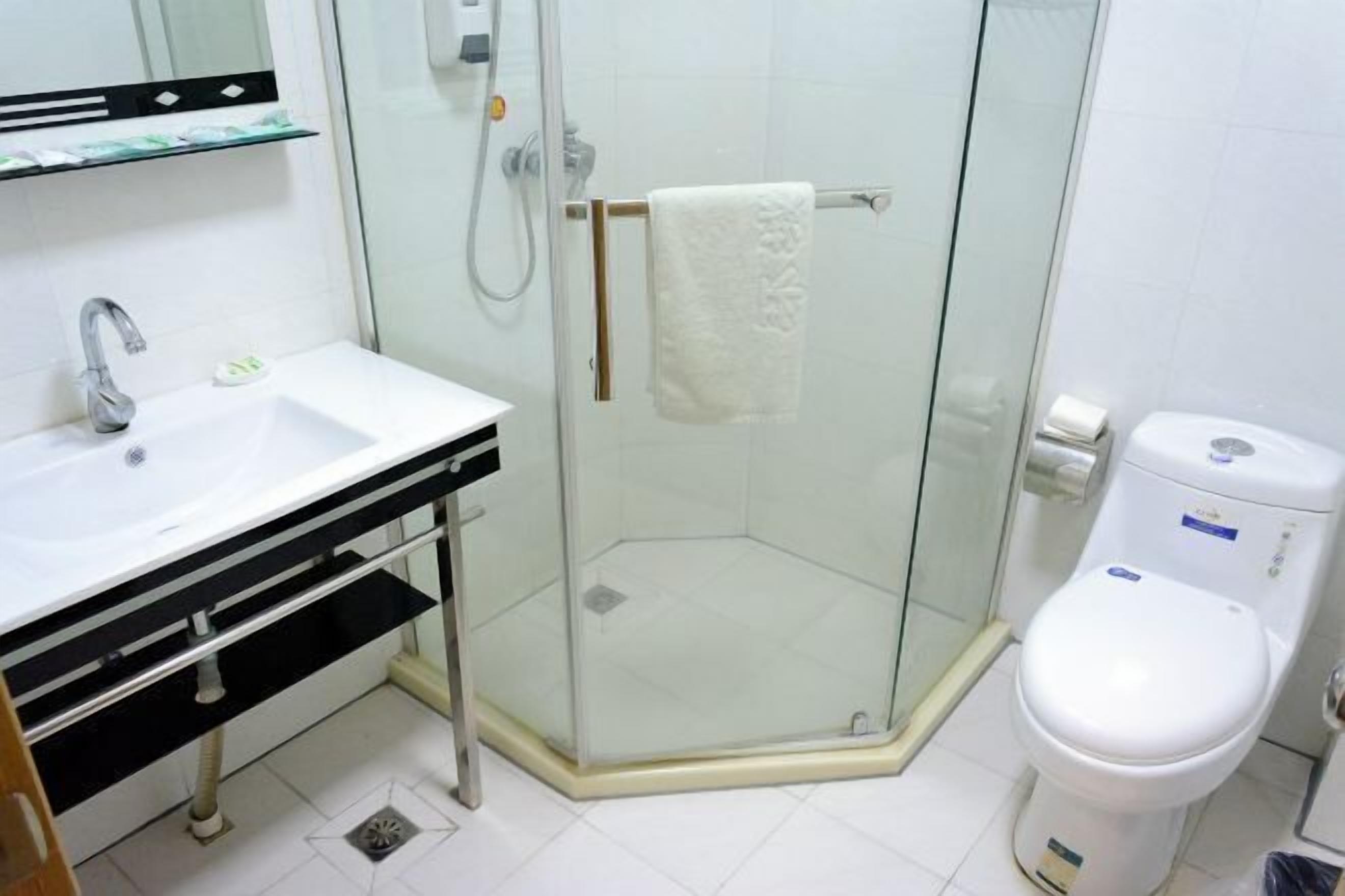 A modern bathroom with a glass shower enclosure, a white sink, and a toilet.