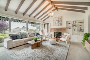 Televisión, chimenea y libros 