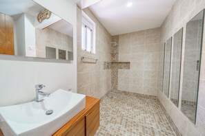 Hair dryer, towels, soap, shampoo