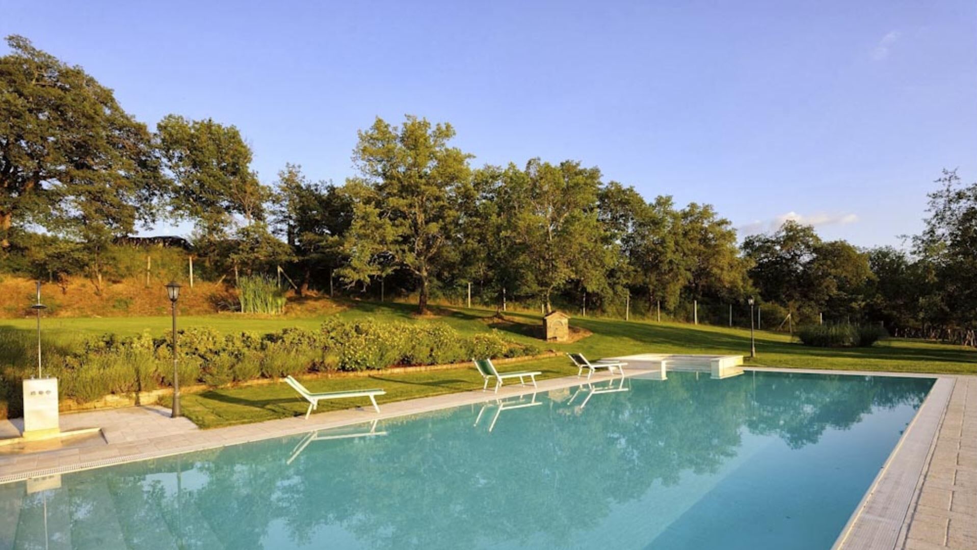 Une piscine rectangulaire à l’eau d’un bleu limpide, entourée d’une zone verdoyante parsemée d’arbres et d’arbustes.