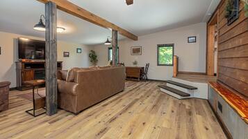 Smart TV, fireplace, books