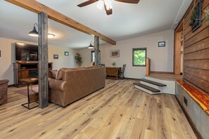 Smart TV, fireplace, books