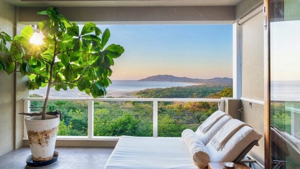 A balcony with a view of a coastal landscape, a potted plant, and a white sofa.