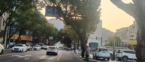 A city street with parked cars, trees, and buildings.