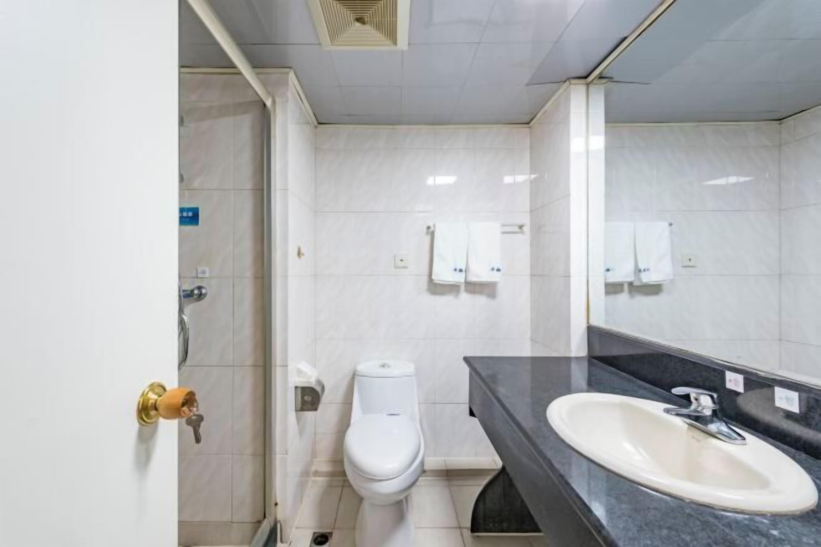 A bathroom with a toilet, sink, and mirror.