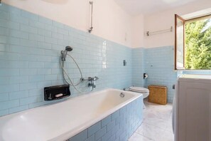Hair dryer, bidet, towels, soap