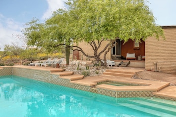 Pool, spa, and bedroom patio.