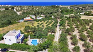Zona residencial con una casa moderna, piscina, olivares y vistas despejadas al mar.