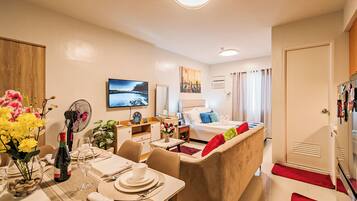 Smart TV, fireplace, books