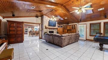 Smart TV, fireplace, video games, foosball