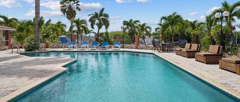 Outdoor pool, open 8:00 AM to 8:00 PM, pool umbrellas, sun loungers