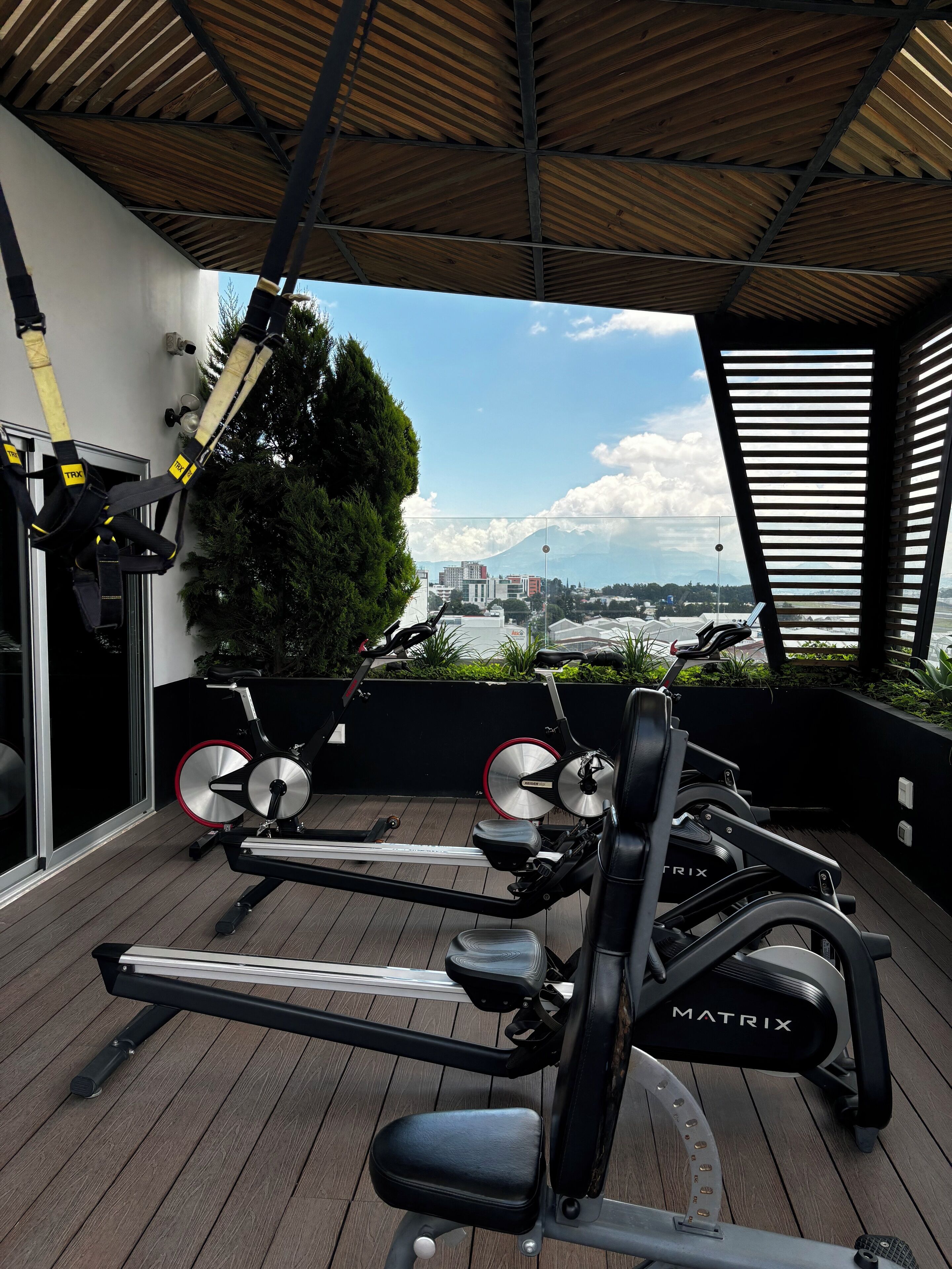 Un gimnasio con equipo de cardio, incluyendo una cinta de correr y bicicletas estáticas, sobre una terraza de madera con vistas a un paisaje urbano.