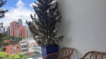 Un balcon avec des fauteuils en osier et une table en verre, d’où l’on peut admirer un panorama urbain avec ses bâtiments et ses arbres.